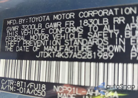 2010 Toyota Yaris from USA, damaged, VIN JTDKT4K37A5281989